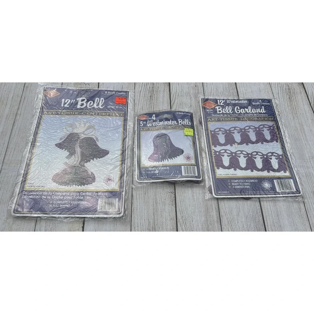 VTG Lot NOS Beistle Tissue Paper Fantasies Wedding Decor Bells Purple White T11